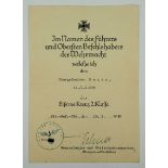 Eisernes Kreuz, 1939, 2. Klasse Urkunde für einen Obergefreiten der 11./ Infanterie-Regiment 239 -