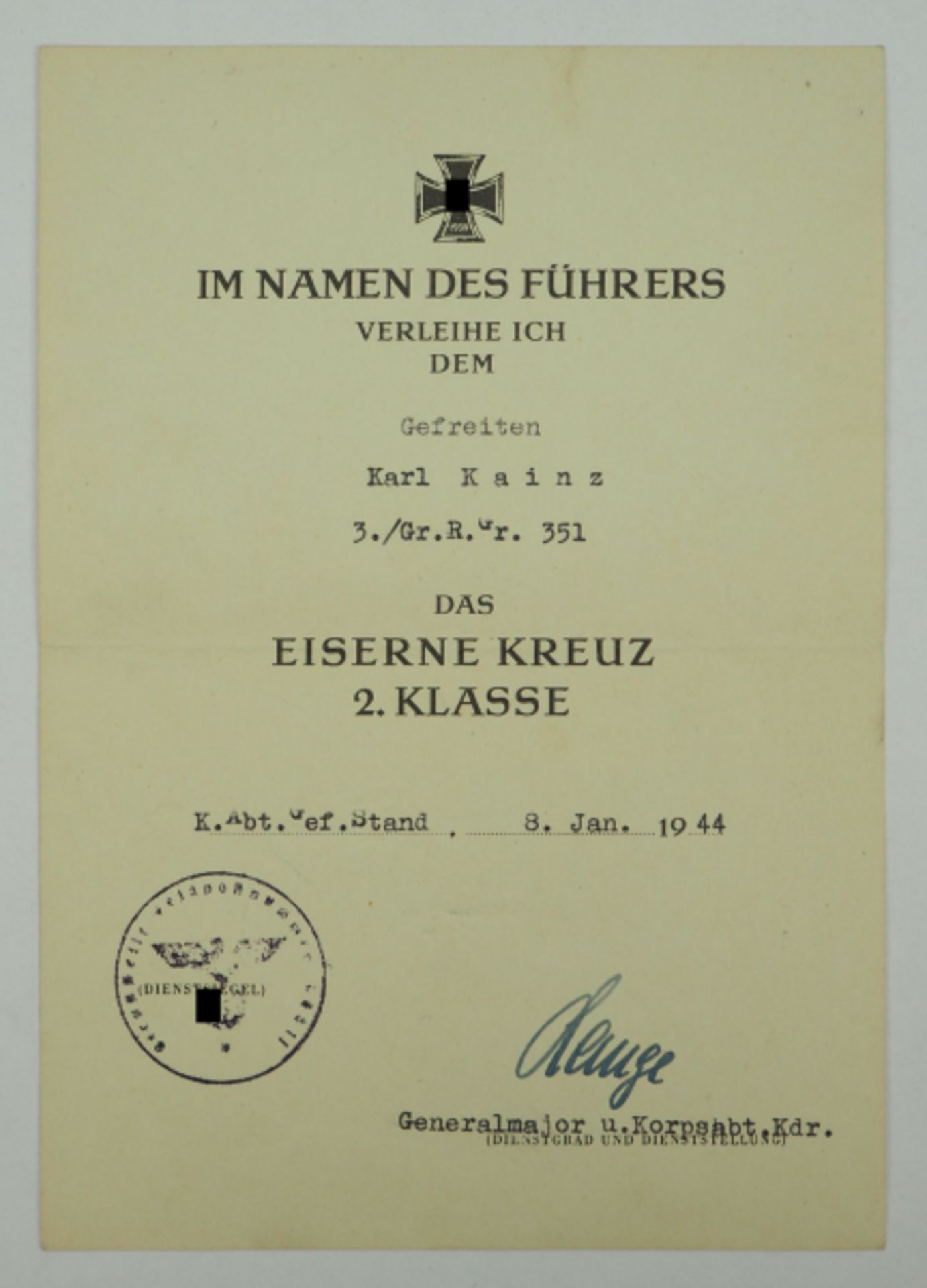 Eisernes Kreuz, 1939, 2. Klasse Urkunde für einen Gefreiten der 3./ Gr. R. Gr. 351 - Wolfgang