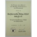 Kriegsverdienstkreuz, 2. Klasse mit Schwertern Urkunde für einen Oberschirrmeister im Stab/