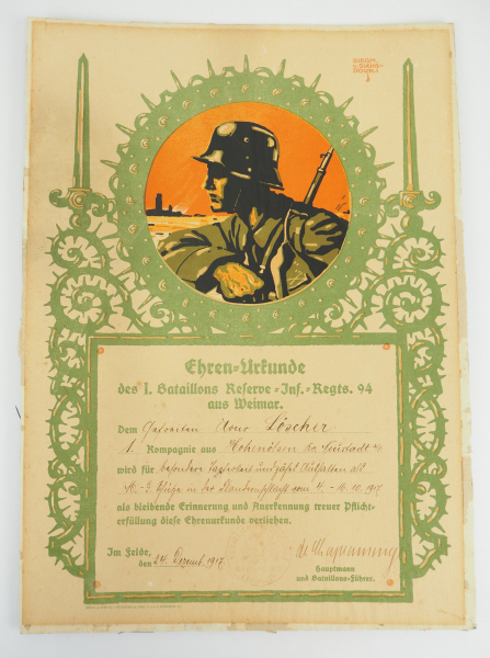 Ehren-Urkunde des I. Bataillons des R.I.R. 94 für einen Gefreiten.
