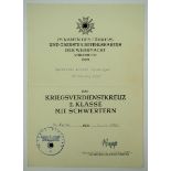 Kriegsverdienstkreuz, 2. Klasse mit Schwertern Urkunde für einen Gefreiten der Kr. Kw. Zug 2/97 -