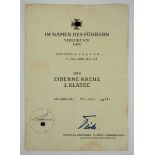 Eisernes Kreuz, 1939, 2. Klasse Urkunde für einen Gefreiten der 2./ Div.Füs. Btl. 14.