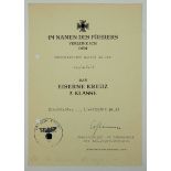 Eisernes Kreuz, 1939, 2. Klasse Urkunde für einen Obergefreiten der 11./ A.R. 85 - Dr. Walter