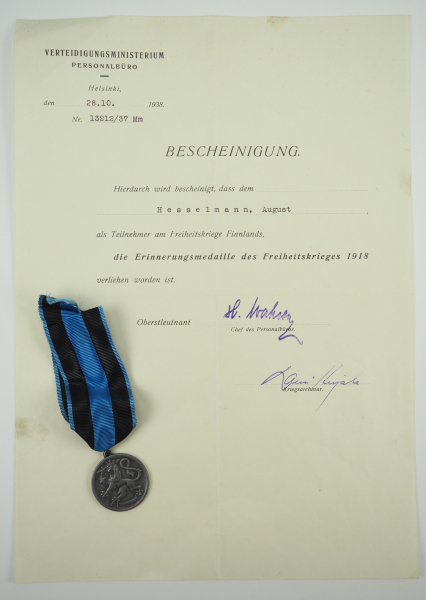 Finnland: Erinnerungsmedaille an den Freiheitskrieg 1918, mit Urkunde für einen Deutschen.