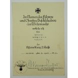 Eisernes Kreuz, 1939, 2. Klasse Urkunde für einen Gefreiten der 4./ A.R. 5 - Karl Allmendinger.