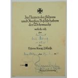 Eisernes Kreuz, 1939, 2. Klasse Urkunde für einen Leutnant der 10./ I.R. 75 - Wilhelm Fahrmbacher.