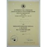 Kriegsverdienstkreuz, 2. Klasse mit Schwertern Urkunde für einen Unterfeldmeister der RAD-Abt. 5/102
