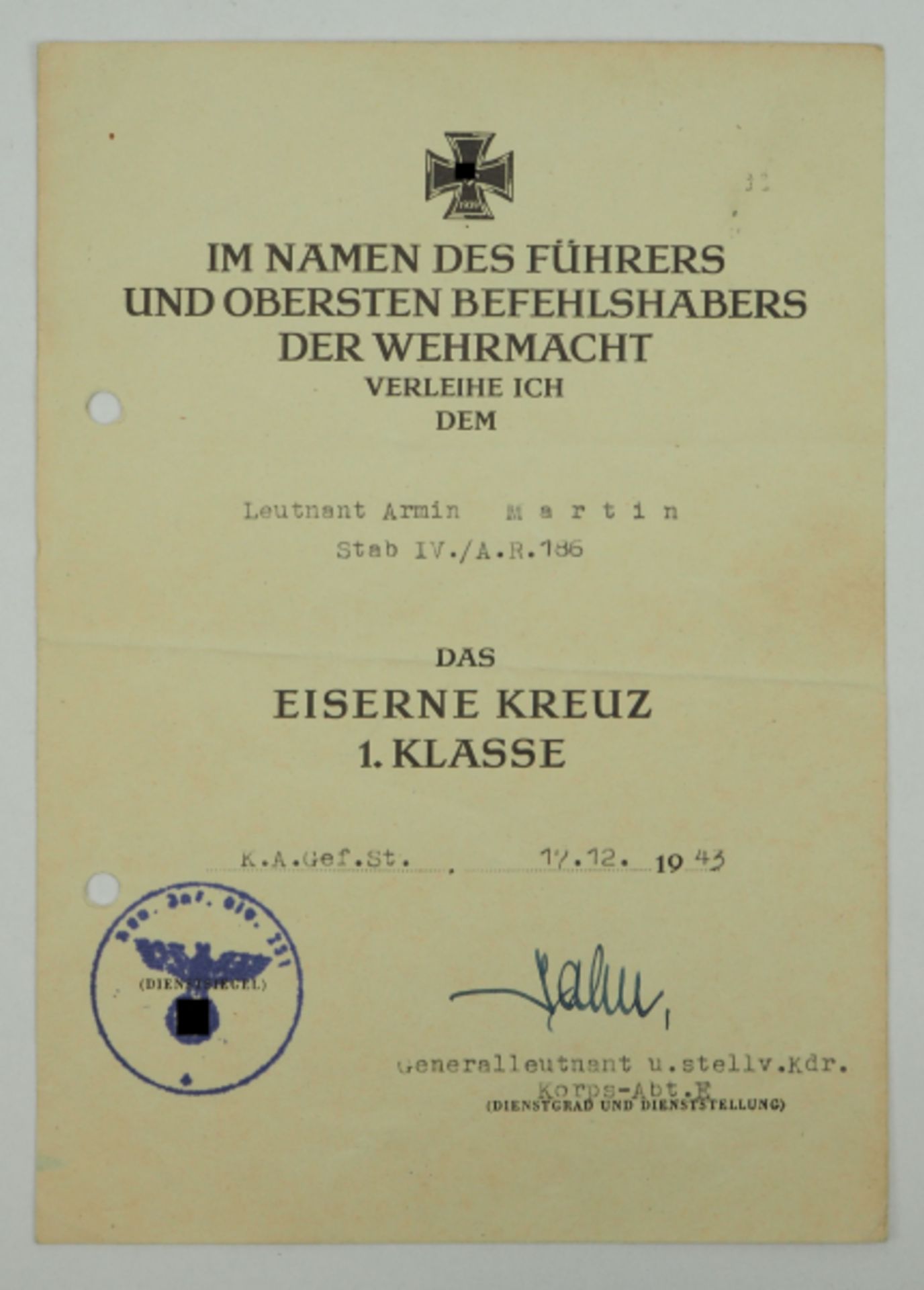 Eisernes Kreuz, 1939, 1. Klasse Urkunde für einen Leutnant im Stab IV./ A.R. 186 - Kurt Jahn.