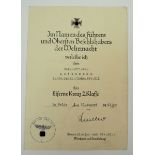 Eisernes Kreuz, 1939, 2. Klasse Urkunde für einen Unteroffizier der 1./ Pz.Jg.Kp./ Schn.Abt. 211 -
