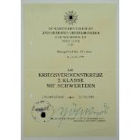 Kriegsverdienstkreuz, 2. Klasse mit Schwertern Urkunde für einen Obergefreiten der 4./ A.R. 178 -