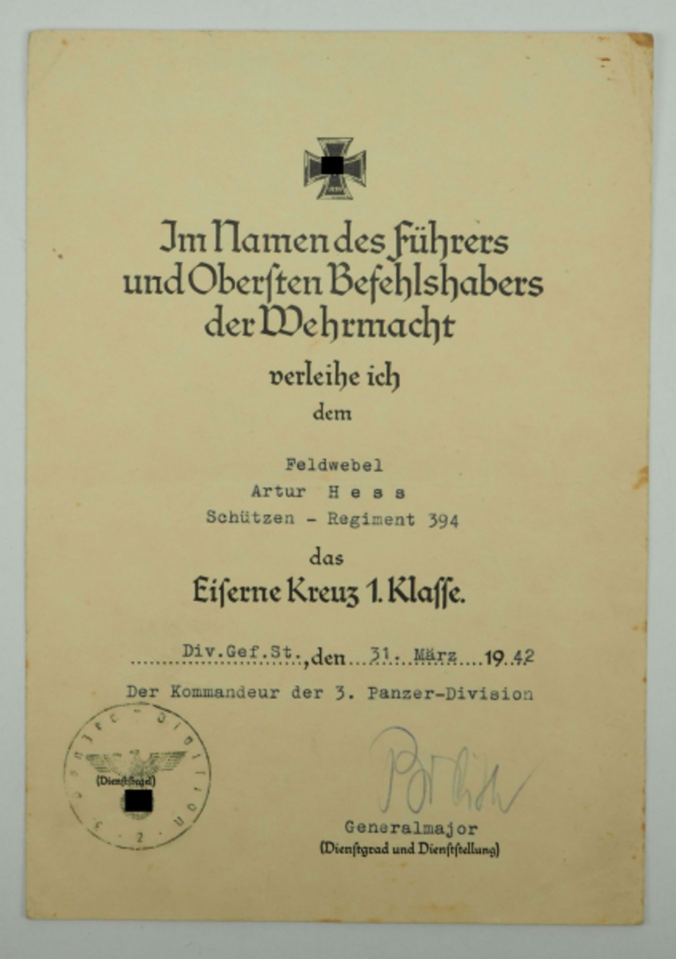 Eisernes Kreuz, 1939, 1. Klasse Urkunde für einen Feldwebel im Schützen-Regiment 394 - General der