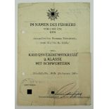 Kriegsverdienstkreuz, 2. Klasse mit Schwertern Urkunde für einen Obergefreiten im Stab II./ G.R.