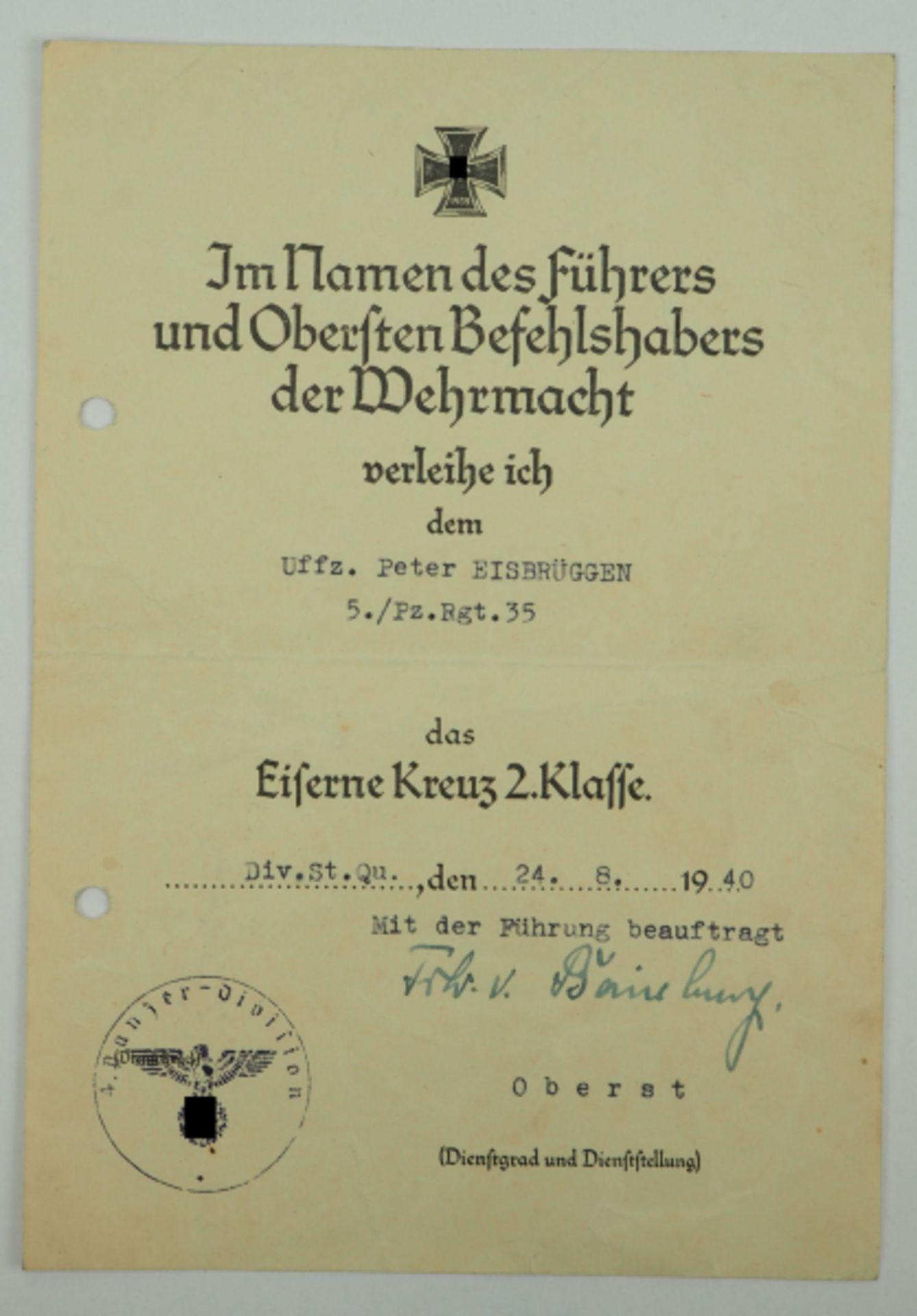 Eisernes Kreuz, 1939, 2. Klasse Urkunde für einen Unteroffizier der 5./ Panzer Regiment 35 - Hans