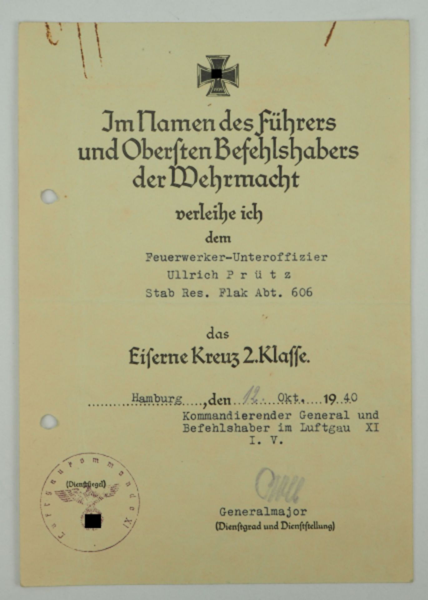 Eisernes Kreuz, 1939, 2. Klasse Urkunde für einen Feuerwerker-Unteroffizier des Stab Res. Flak