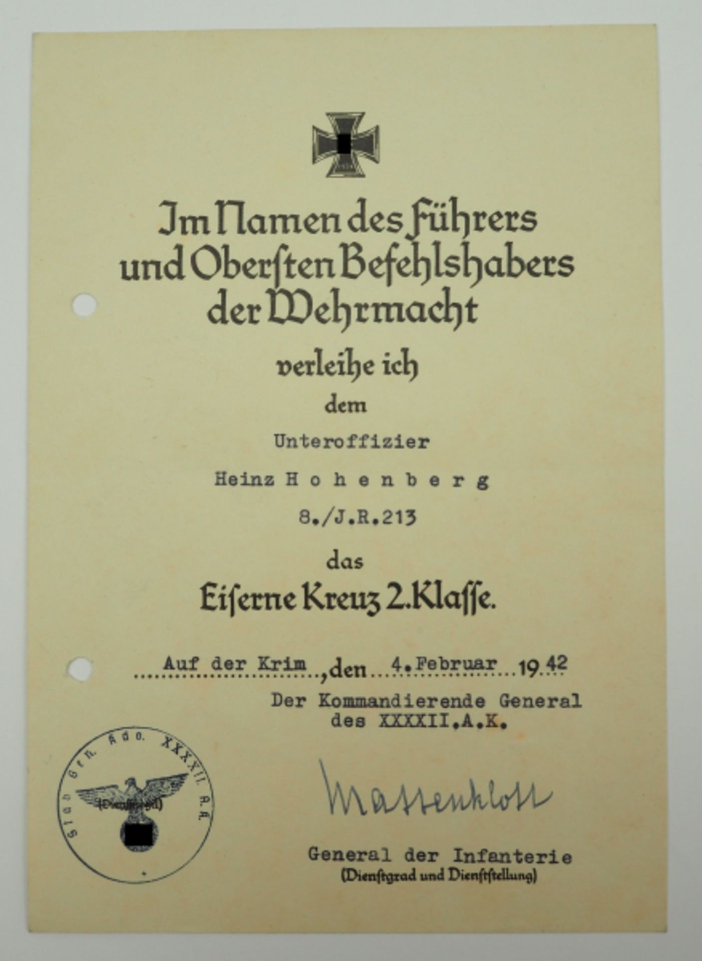 Eisernes Kreuz, 1939, 2. Klasse Urkunde für einen Unteroffizier der 8./ I.R. 213 - Franz