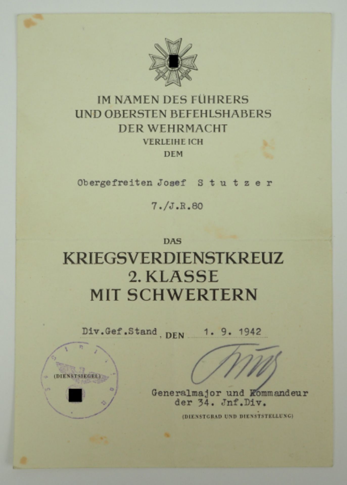 Kriegsverdienstkreuz, 2. Klasse mit Schwertern Urkunde für einen Obergefreiten der 7./ I.R. 80 -