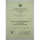 Kriegsverdienstkreuz, 2. Klasse mit Schwertern Urkunde für einen Gefreiten der 3./ F.E.B. 94 -