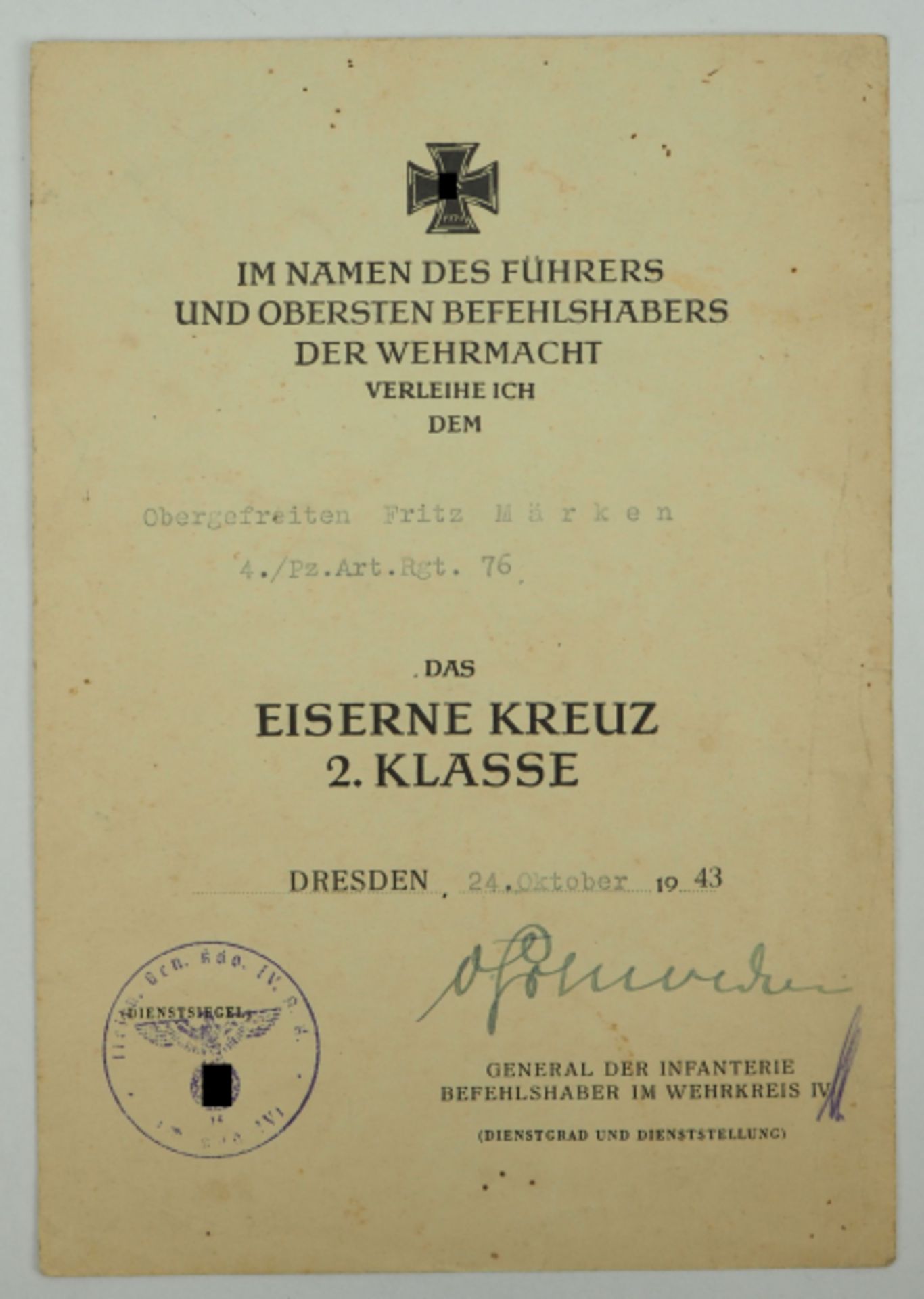 Eisernes Kreuz, 1939, 2. Klasse Urkunde für einen Obergefreiten der 4./ Pz. Art. Rgt. 76 - Viktor