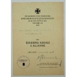 Eisernes Kreuz, 1939, 2. Klasse Urkunde für einen Obergefreiten der 4./ Pz. Art. Rgt. 76 - Viktor