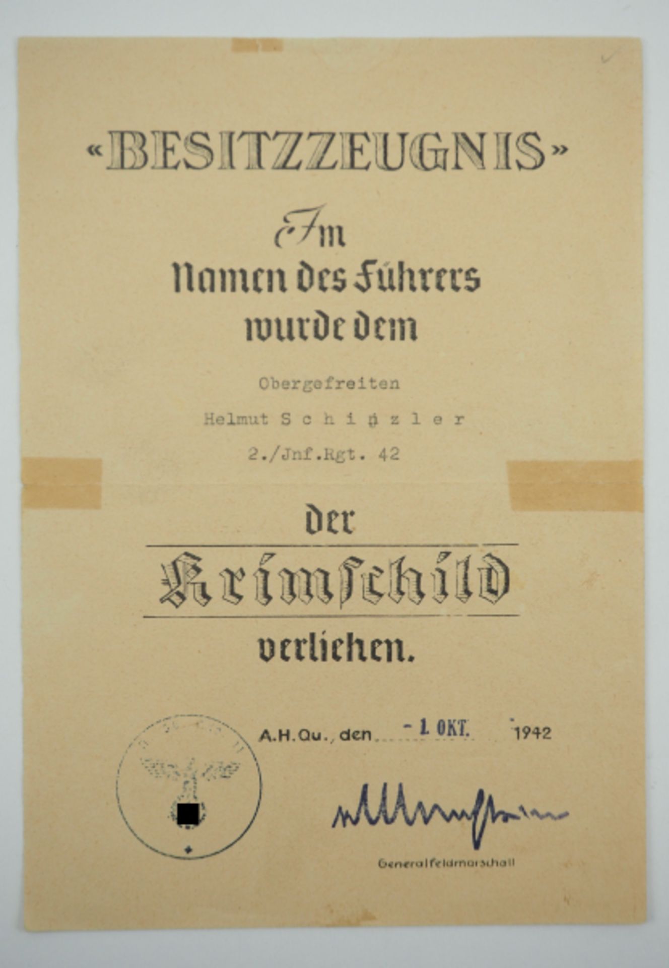 Krimschild Urkunde für einen Obergefreiten der 2./ Inf.Rgt. 42.
