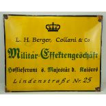 Emailleschild des Militär-Effektengeschäfts L.H. Berger, Collani & Co.