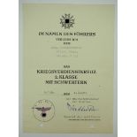 Kriegsverdienstkreuz, 2. Klasse mit Schwertern Urkunde für einen Sanitäts-Obergefreiten der San.