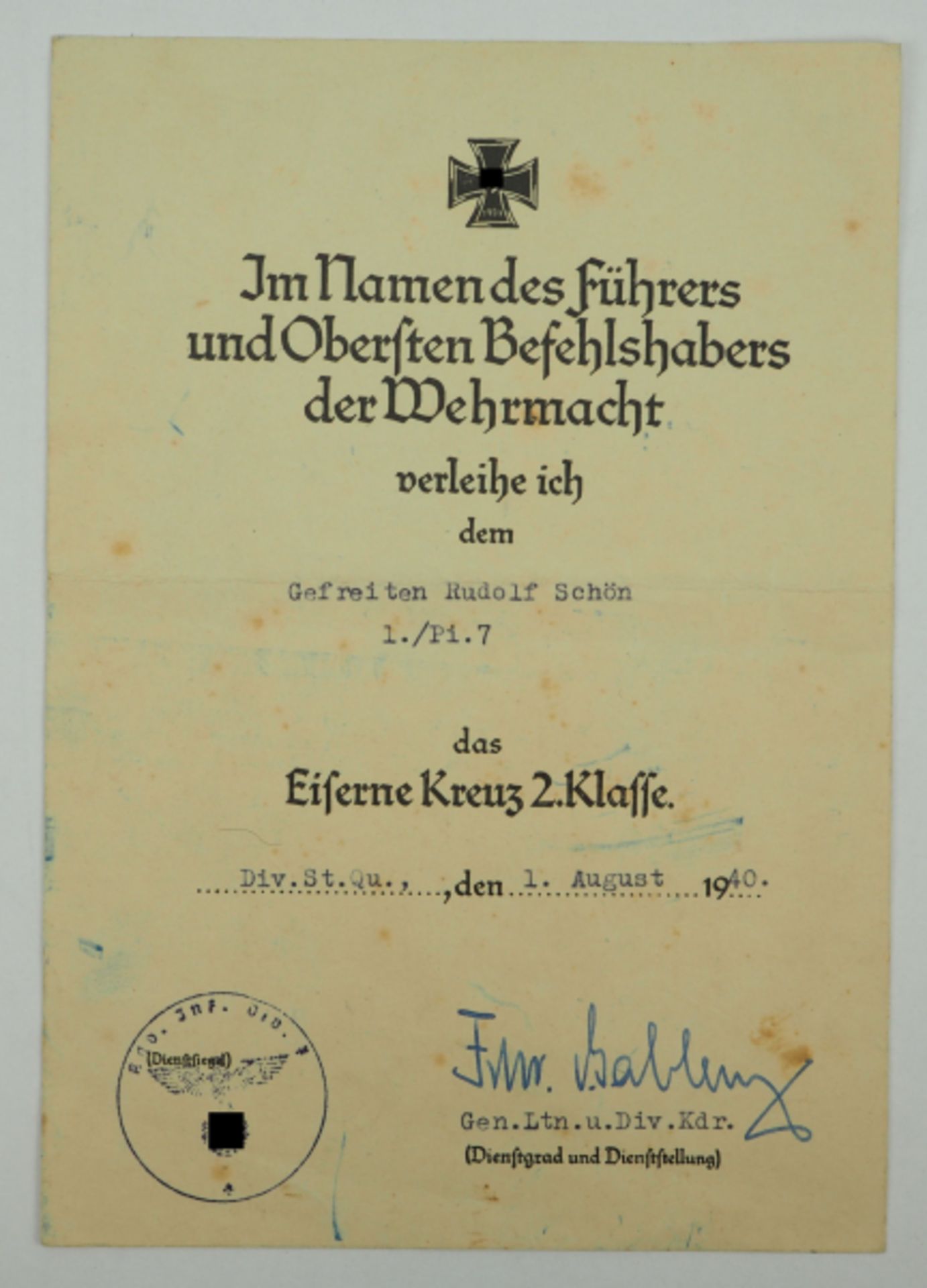 Eisernes Kreuz, 1939, 2. Klasse Urkunde für einen Gefreiten der 1./ Pi. 7 - Eccard Freiherr von