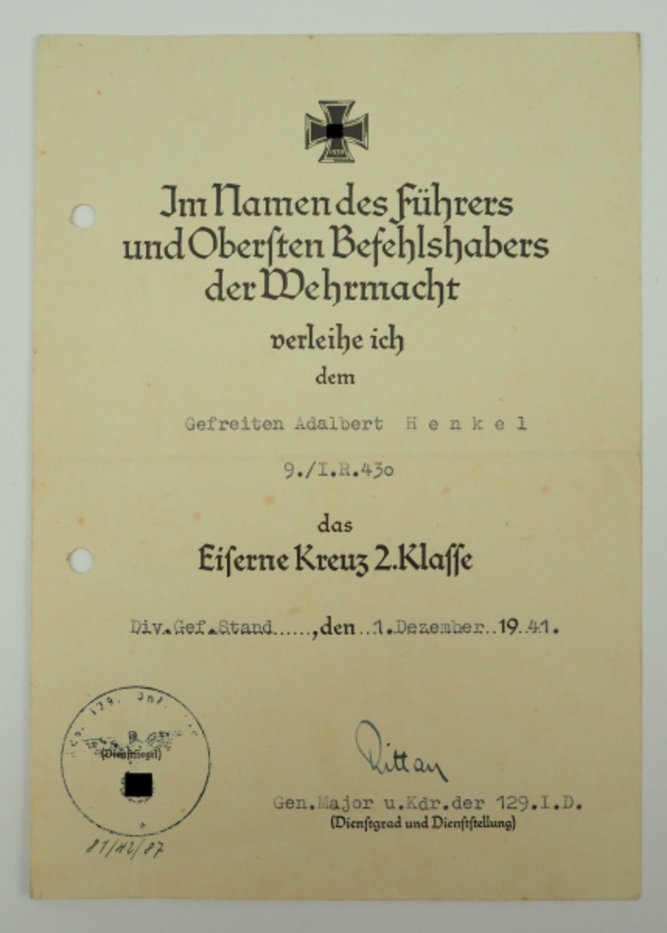 Eisernes Kreuz, 1939, 2. Klasse Urkunde für einen Gefreiten der 9./ I.R. 430 - Stephan Rittau.