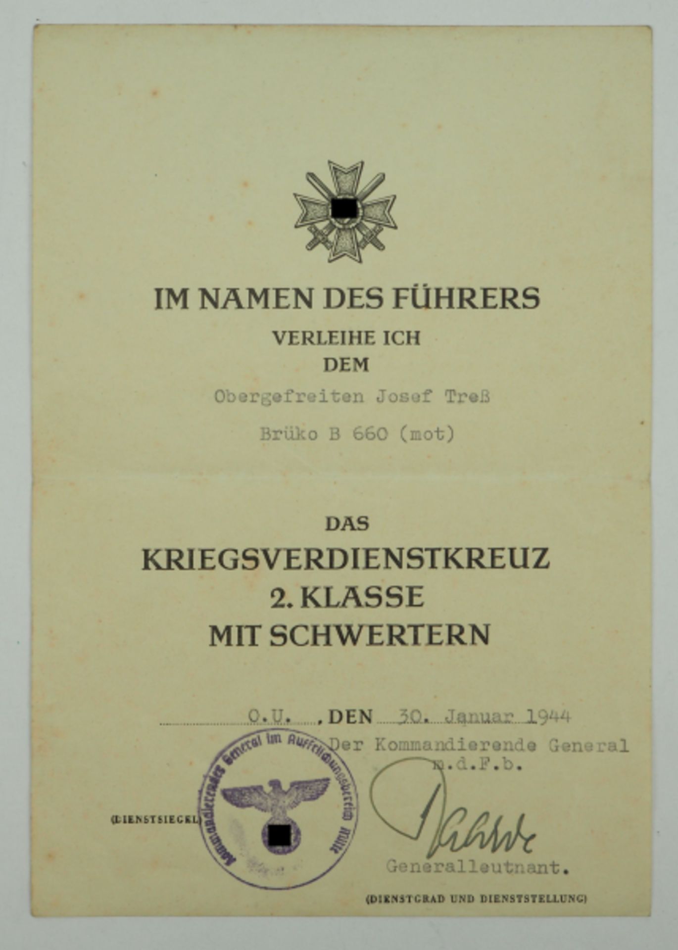 Kriegsverdienstkreuz, 2. Klasse mit Schwertern Urkunde für einen Obergefreiten der Brüko B 660 (