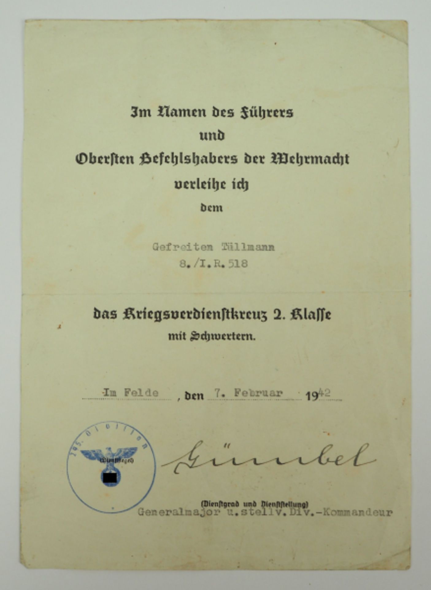 Kriegsverdienstkreuz, 2. Klasse mit Schwertern Urkunde für einen Gefreiten der 8./ I.R. 518 - Karl