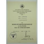 Kriegsverdienstkreuz, 2. Klasse mit Schwertern Urkunde für einen Obergefreiten der Kl. Kw. Kol. 2/