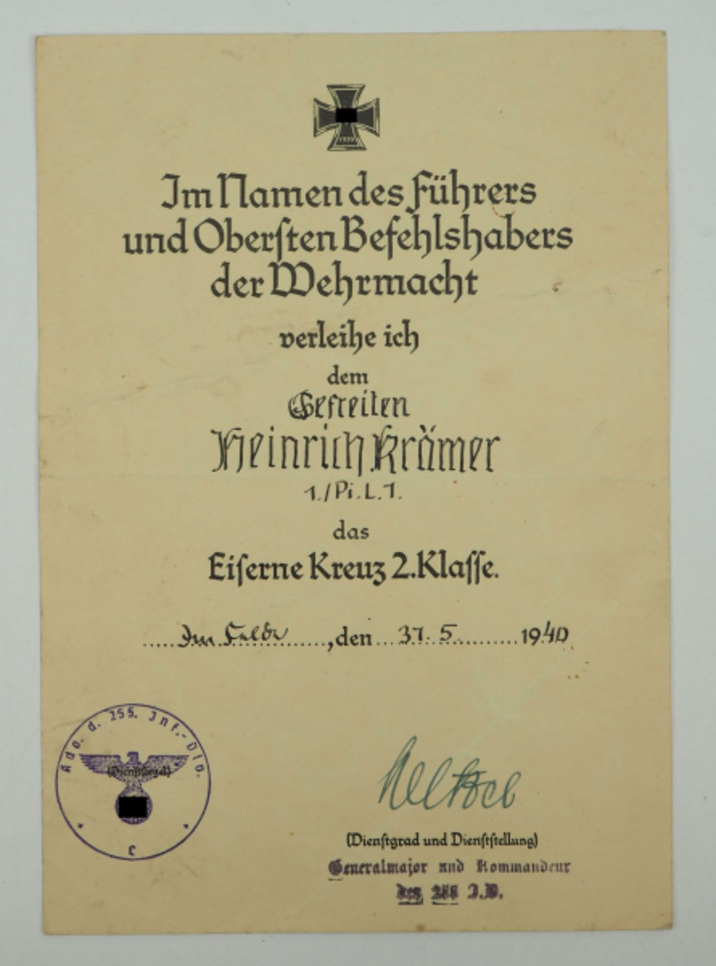 Eisernes Kreuz, 1939, 2. Klasse Urkunde für einen Gefreiten der 1./ Pi.L. 1 - Wilhelm Wetzel.
