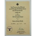 Eisernes Kreuz, 1939, 2. Klasse Urkunde für einen Gefreiten der 1./ Pi.L. 1 - Wilhelm Wetzel.