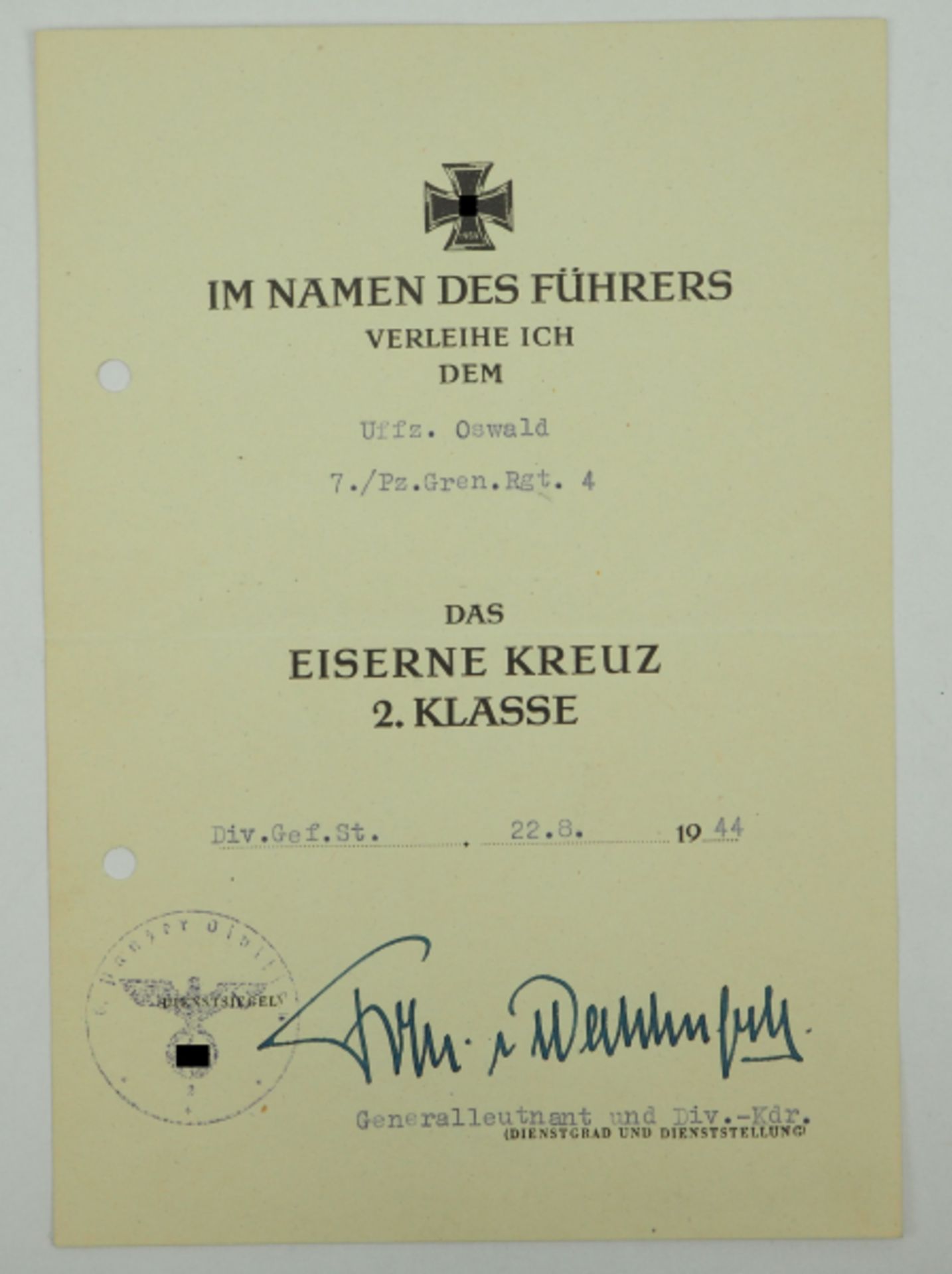 Eisernes Kreuz, 1939, 2. Klasse Urkunde für einen Unteroffizier der 7./ Pz. Gren. Rgt. 4 - Rudolf