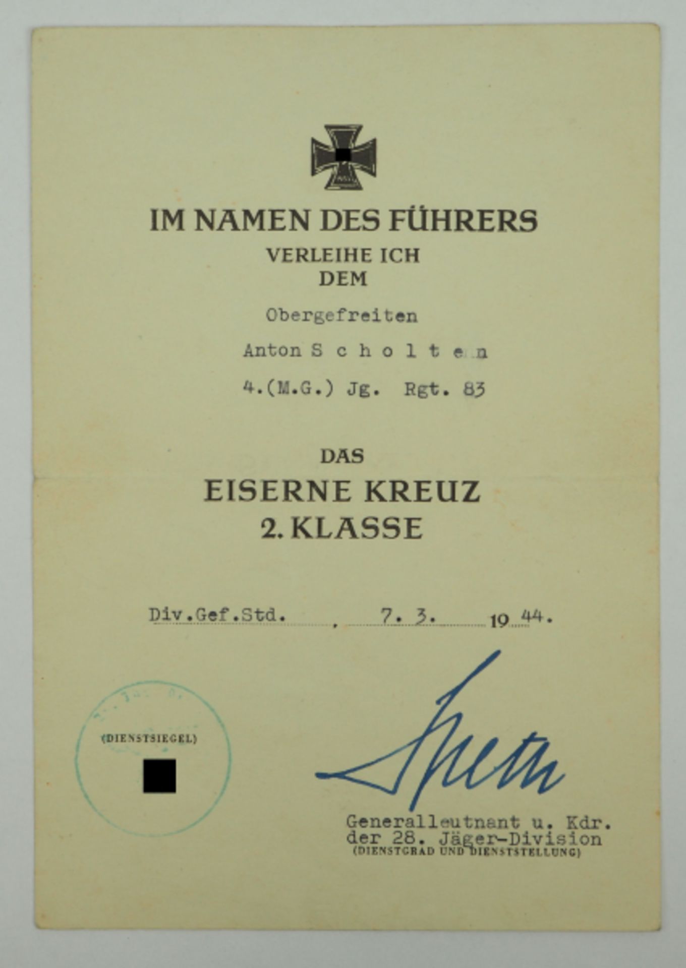 Eisernes Kreuz, 1939, 2. Klasse Urkunde für einen Obergefreiten der 4. (M.G.)/ Jg. Rgt. 83 - Hans