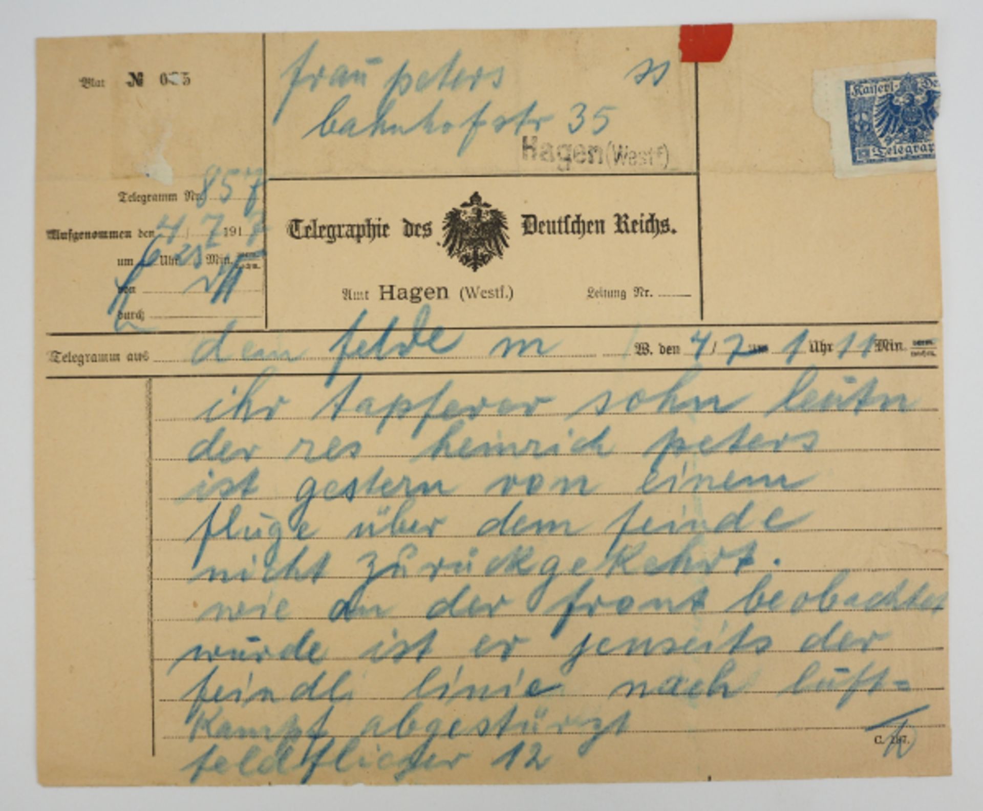 Telegramm über den Absturz eines Piloten der Feldflieger-Abteilung 12.