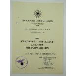 Kriegsverdienstkreuz, 2. Klasse mit Schwertern Urkunde für einen Unteroffizier der 1./ Sicherungs-