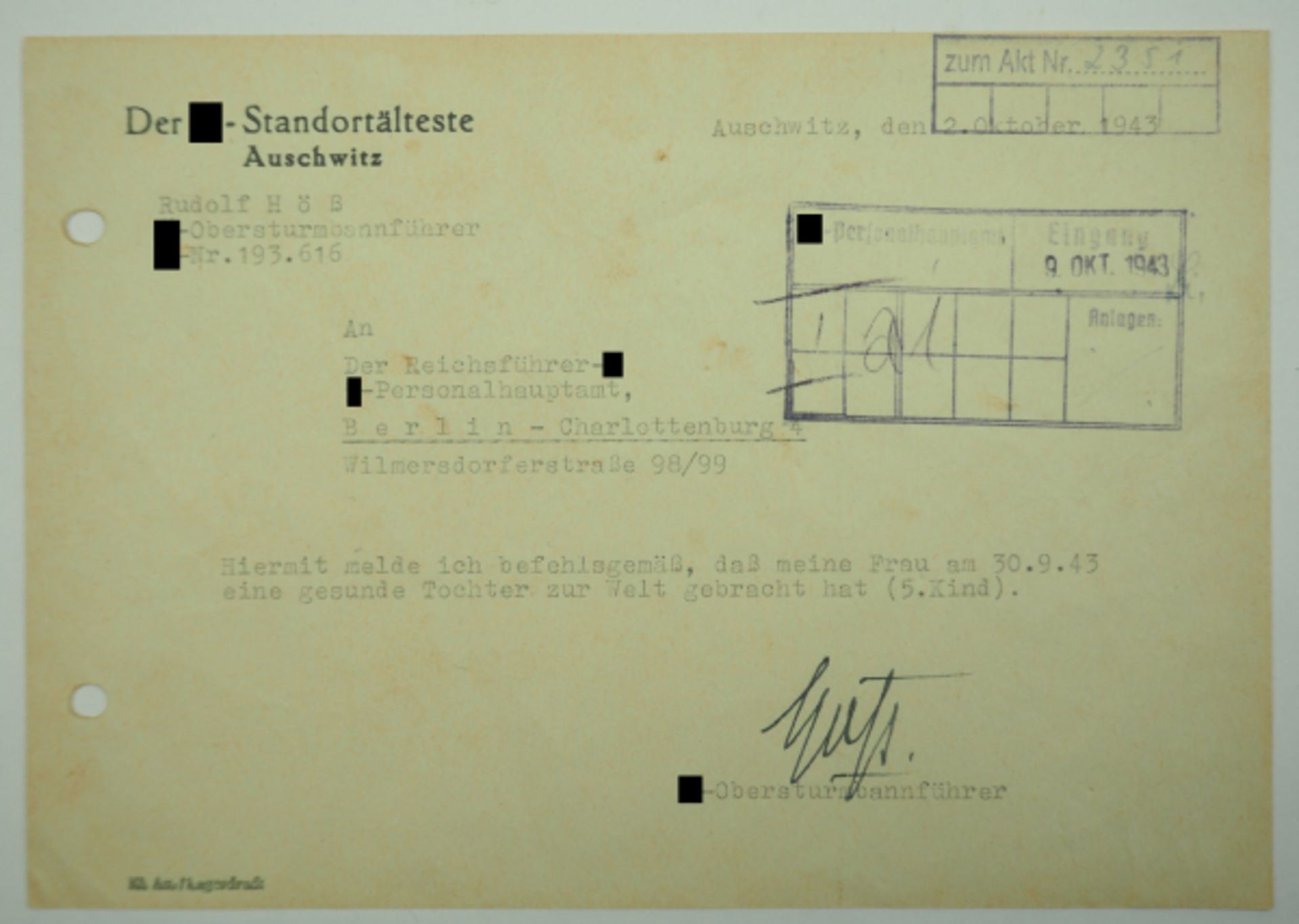 Höß, Rudolf.. SS-Standortältester Auschwitz und erster Lagerkommandant. Vordruck, Schreiben über die