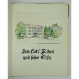 Hotel Falken, Hechingen - Gästebuch.Brauner, goldgeprägter Einband, Vorsatzblatt mit kolorierter