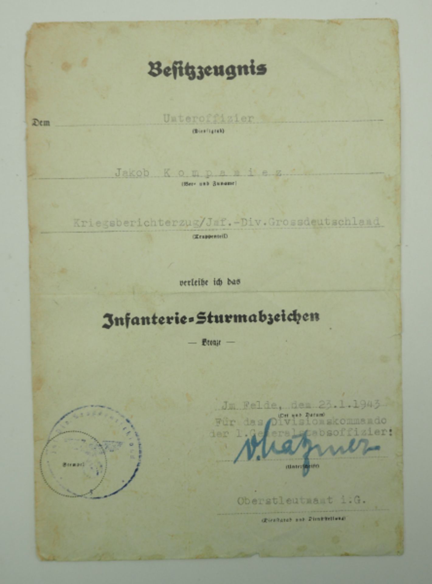 Urkundengruppe eines Feldwebel des Kriegsberichter-Zug/ Pz.-Grenadier-Division "Großdeutschland".- - Bild 4 aus 4