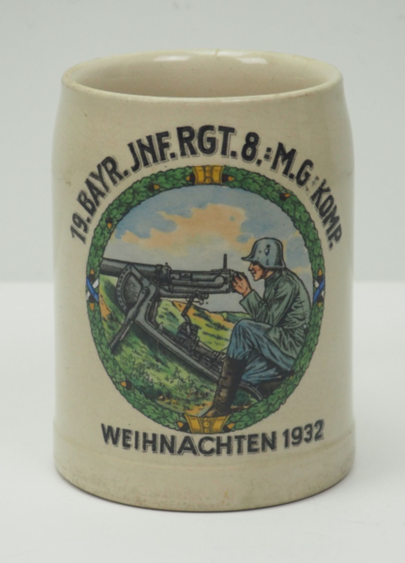 Reichswehr: Weihnachtskrug 1932 - 19. Bayr. Inf. Rgt. 8.-M.G.-Komp.Steingut, mit farbigem Motiv.