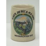 Reichswehr: Weihnachtskrug 1932 - 19. Bayr. Inf. Rgt. 8.-M.G.-Komp.Steingut, mit farbigem Motiv.