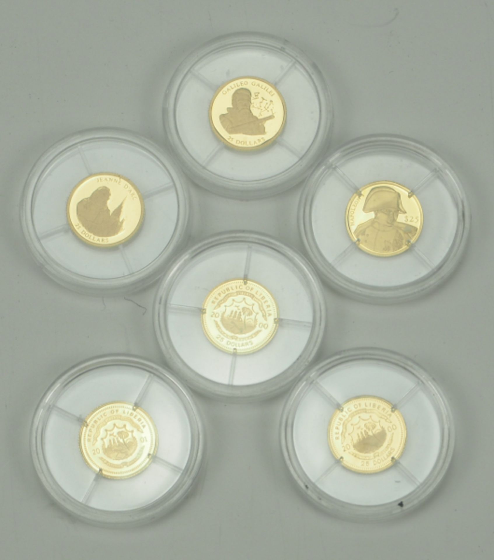 Liberia: Sammlung von 6 Goldmünzen.Je 25 Dollar in Gold, diverse Motive, gekapselt.Zustand: I - Image 2 of 2