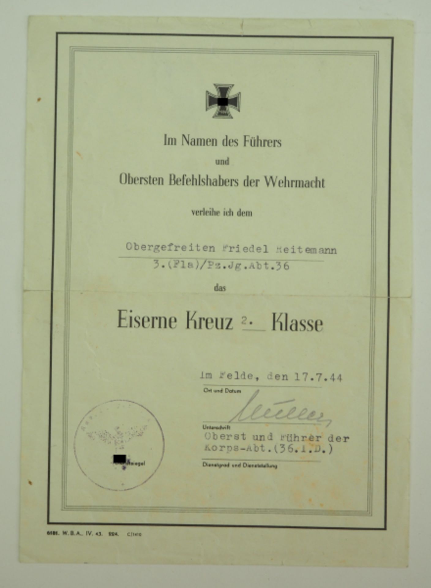 Eisernes Kreuz, 1939, 2. Klasse Urkunde für einen Obergefreiten der 3. (Fla)/ Pz.Jg.Abt. 36.