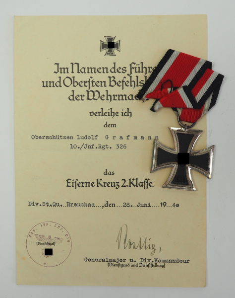 Eisernes Kreuz, 1939, 2. Klasse mit Urkunde für einen Oberschützen der 10./ Infanterie-Regiment