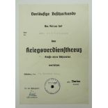 Kriegsverdienstkreuz, 2. Klasse Urkunde für eine Frau.Vordruck, gefaltet, ausgstellt Düsseldorf, den