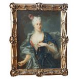 Barockes Damengemälde.Öl auf Leinwand, Kniestück einer Dame in wallender Gewandung mit angelegtem