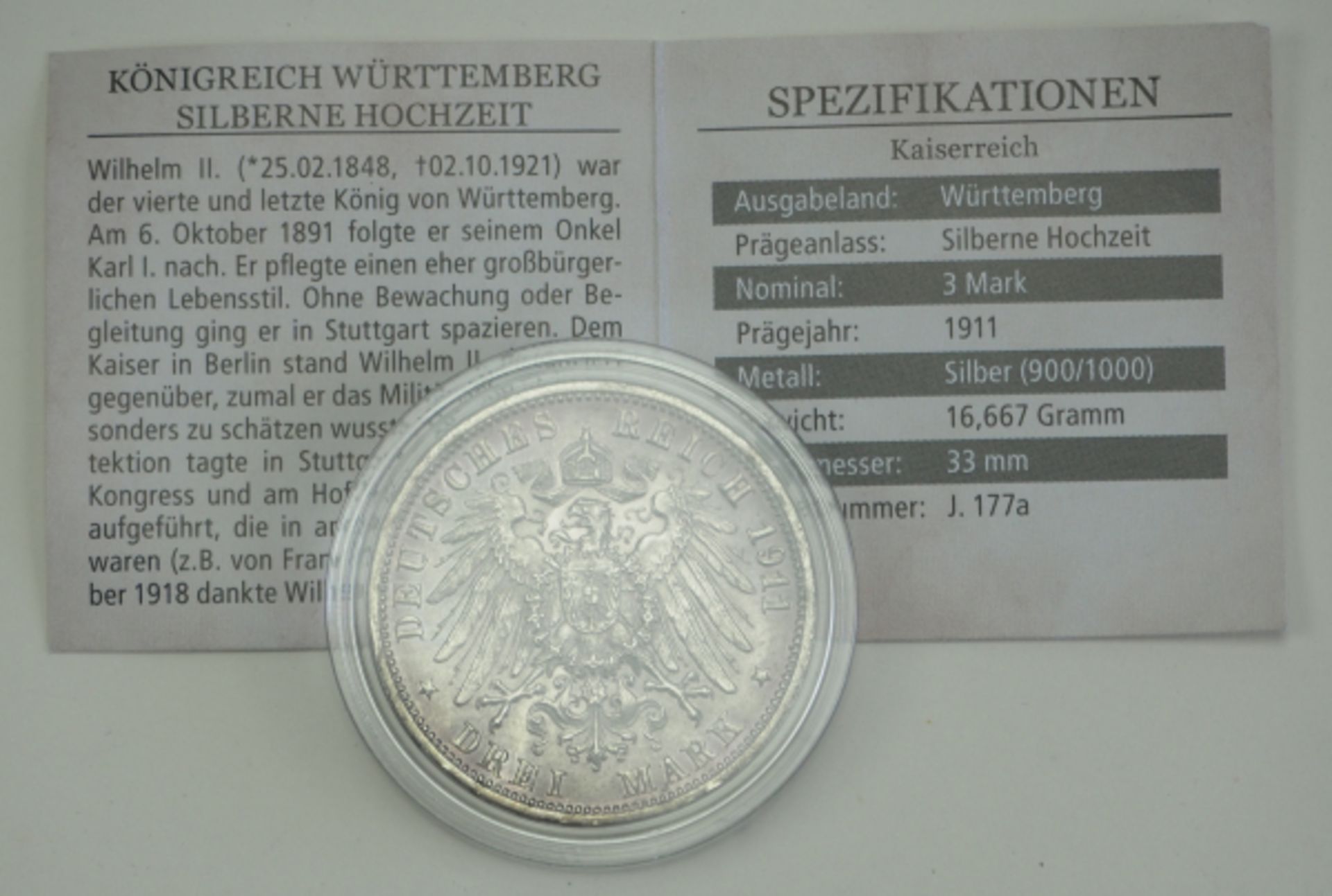 Württemberg: Wilhelm II., 3 Mark 1911.Silber, in Kapsel.Zustand: II - Bild 2 aus 2