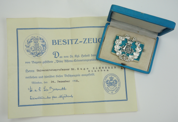 Bayern: Prinz Alfons-Erinnerungszeichen, in Silber, im Etui mit Urkunde für den