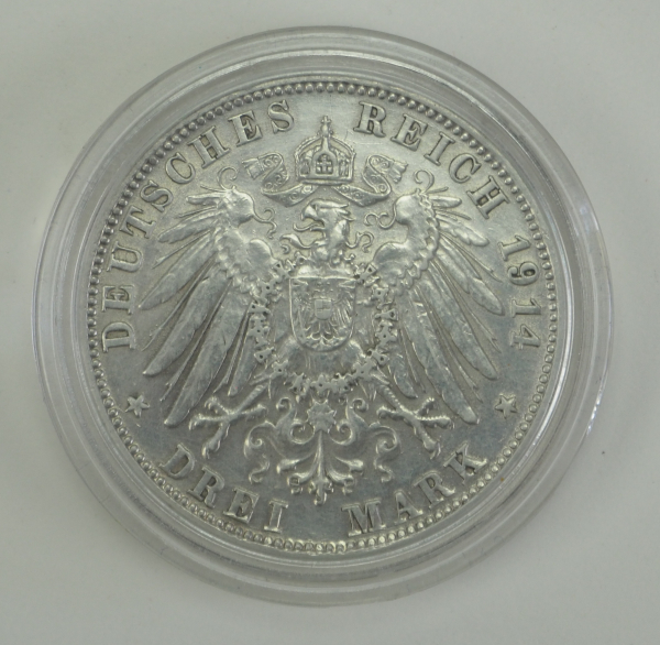 Bayern: Ludwig III., 3 Mark - 1914.Silber, in Kapsel.Zustand: I-II - Image 2 of 2